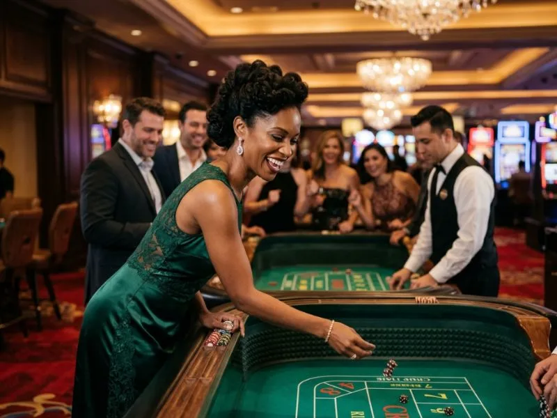 Refined woman admiring the vibrant atmosphere of a luxurious casino at Red Casino.