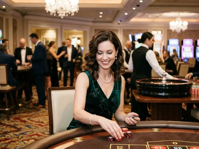 Beautiful woman smiling confidently while exploring the casino floor at Z25 Casino Login.