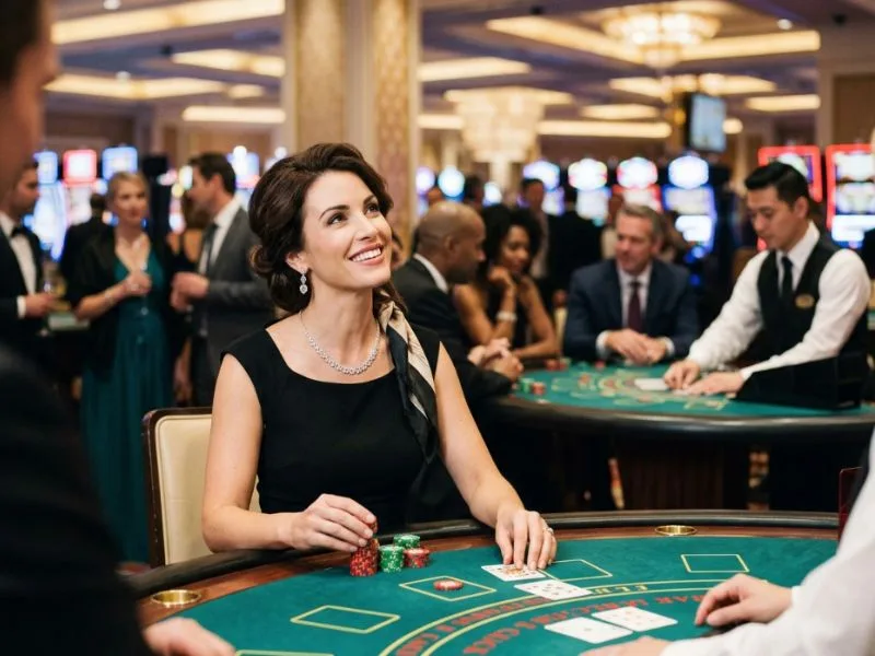 Chic woman surrounded by dazzling lights in a modern casino at Z25 Casino Login.