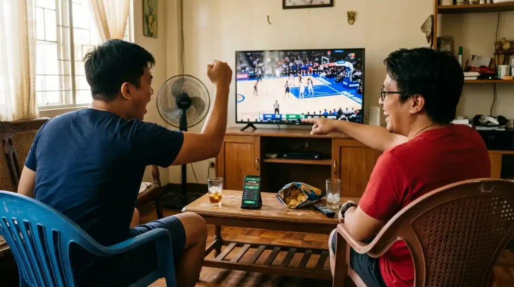 Two friends watching a live basketball game on television while checking a sports betting app on a smartphone in a home living room.