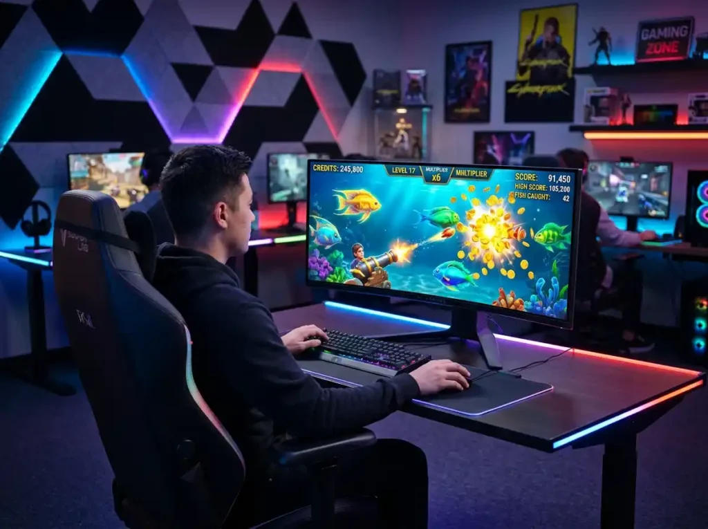 Person playing an underwater fish shooting arcade game on a desktop gaming PC in a modern RGB-lit gaming room.
