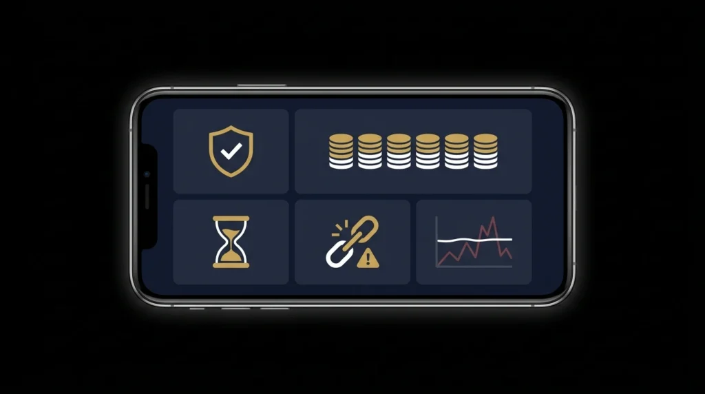 Smartphone displaying a bankroll management dashboard with icons representing security, budget tracking, time management, broken links, and performance monitoring.