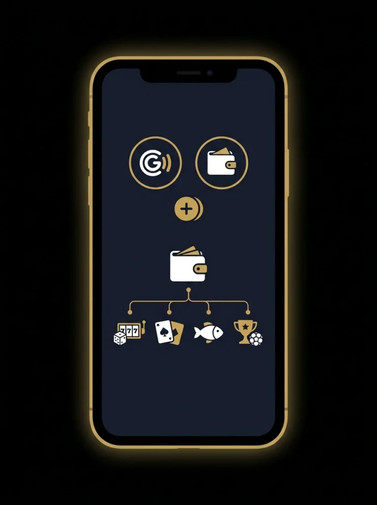 Smartphone displaying a digital wallet interface connected to multiple online casino game categories, including slots, card games, fishing games, and sports betting.