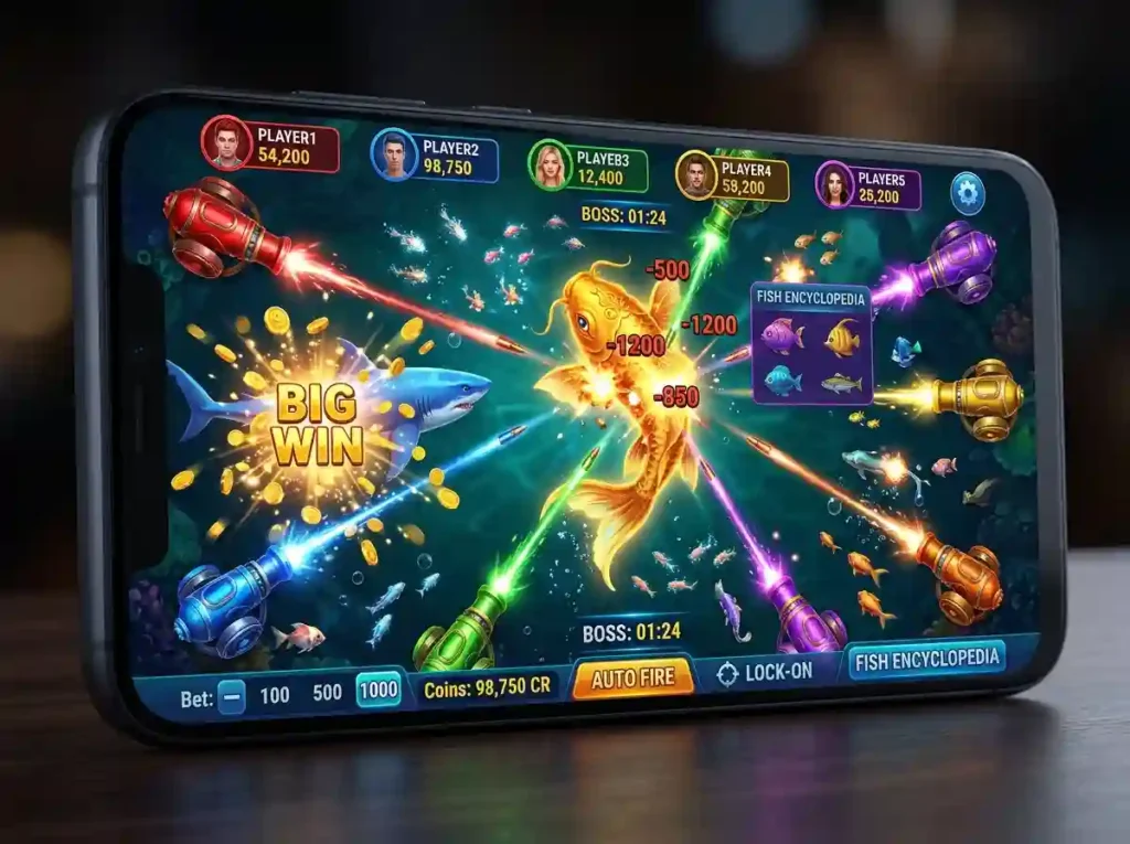 Smartphone displaying a multiplayer fish shooting game with colorful cannons, sea creatures, boss battles, and a large "Big Win" reward on the screen.