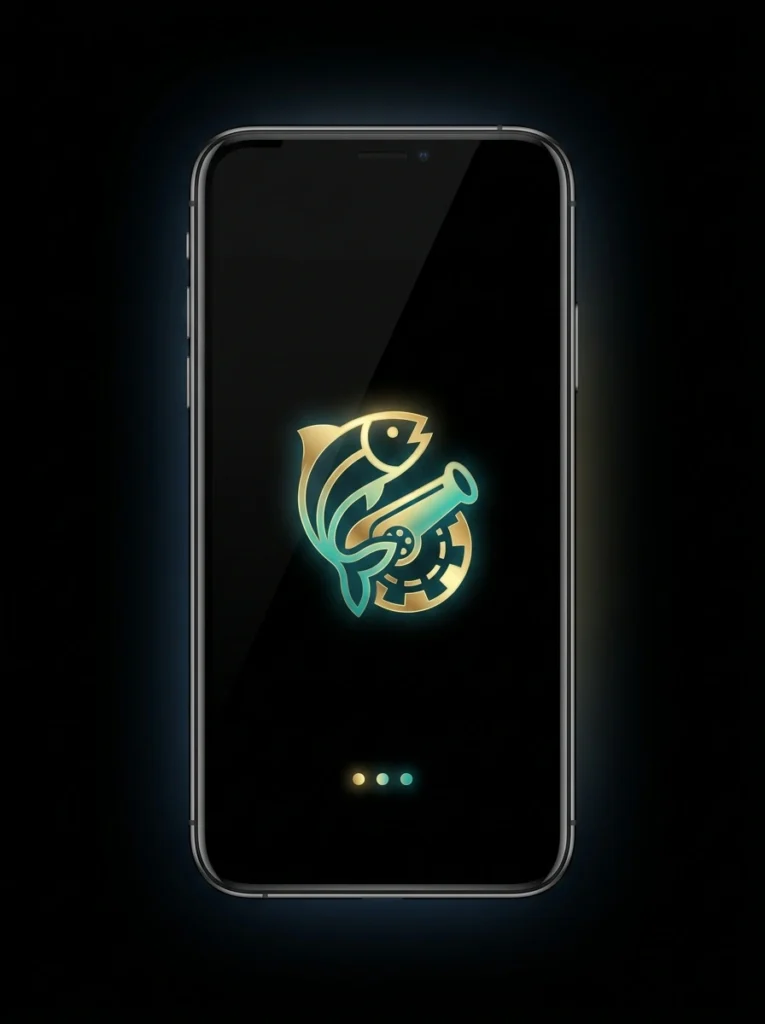 Smartphone displaying a glowing fish shooting game icon with a cannon on a dark screen, representing a mobile fishing arcade game.