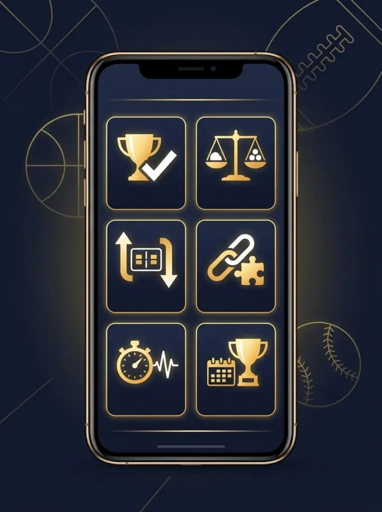 Smartphone displaying sports betting strategy icons, including winning selection, odds comparison, betting markets, match analysis, timing, and event planning.