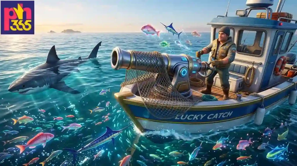 Illustration of a fishing boat with a mounted cannon targeting sea creatures in an ocean-themed fish shooting game, featuring the PH365 logo.