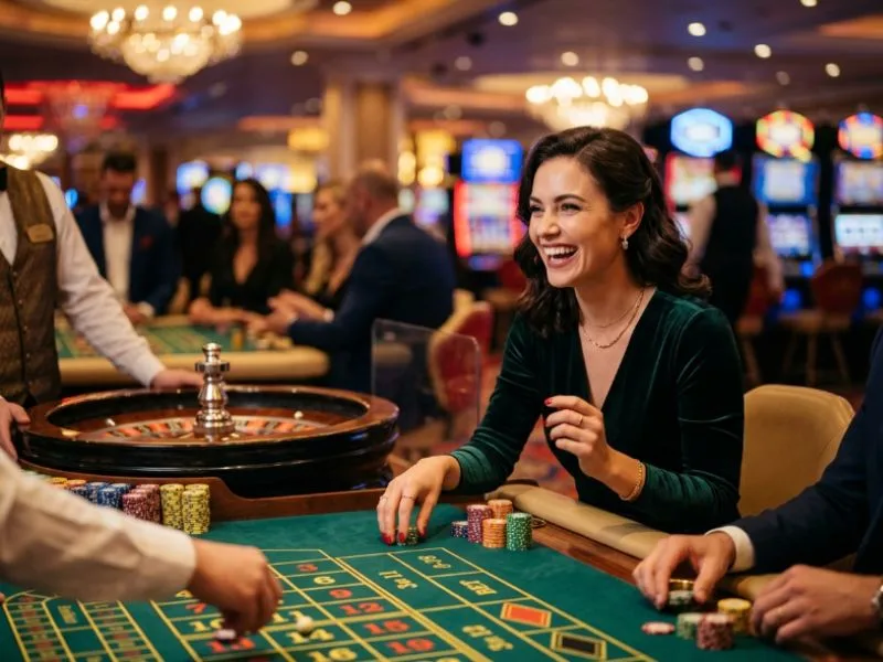 Confident casino player laughing with friends while enjoying Game Zone GCash entertainment.