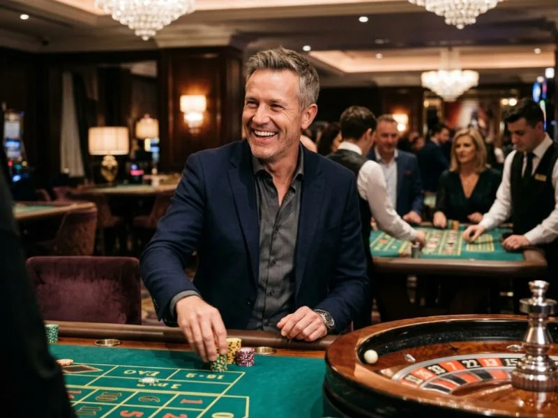 Joyful player enjoying a fun-filled evening with Game Zone GCash under dazzling casino lights.