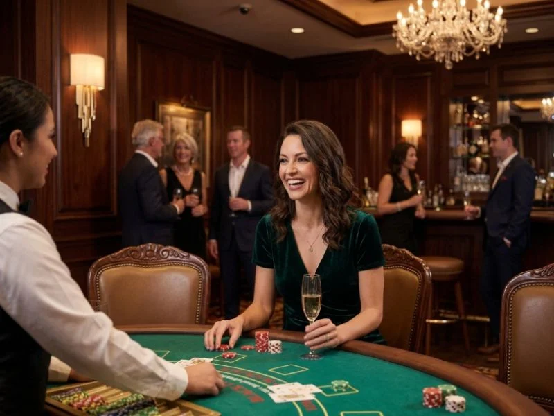 Stylish casino player relaxing in a luxurious gaming lounge while exploring games earn money to GCash.