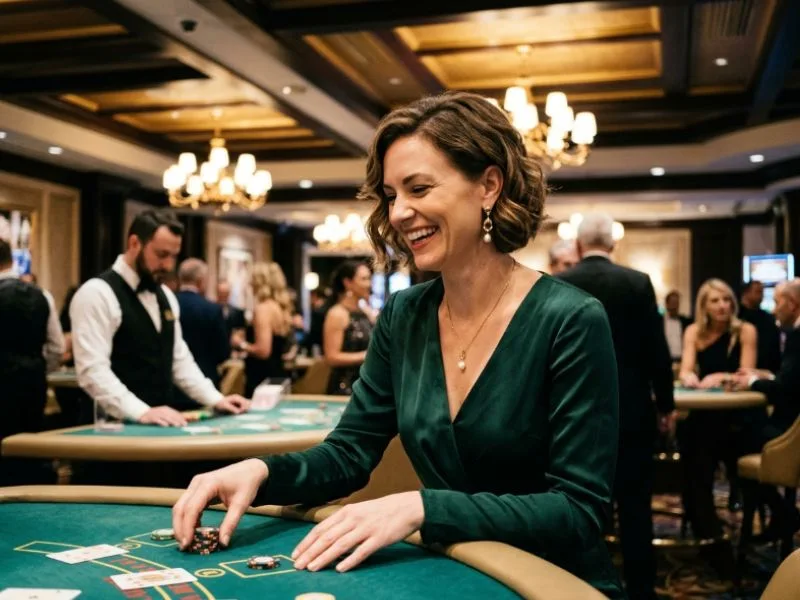 Happy casino guest relaxing while exploring a luxurious casino environment with games for GCash.