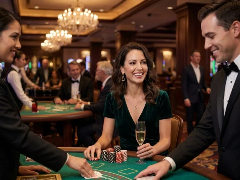 Cheerful player enjoying the vibrant energy of the casino floor while playing GCash games.