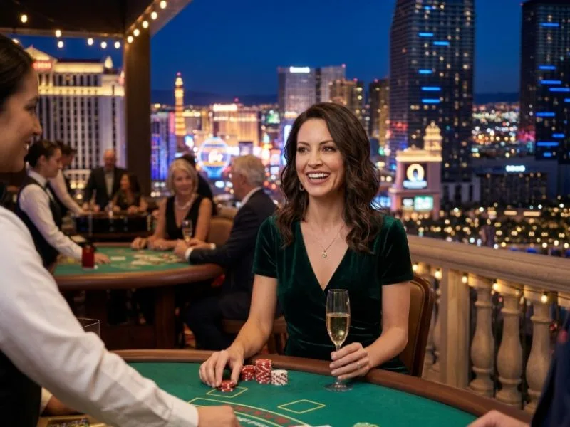 Delighted casino guest enjoying GCash games amid bright lights and lively entertainment.
