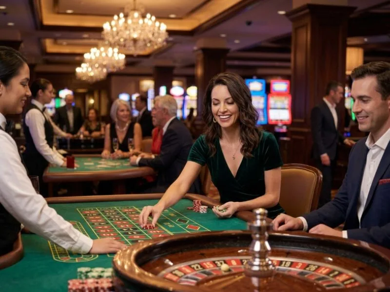 Happy player admiring the glamorous casino atmosphere while exploring legit GCash games earn money options.