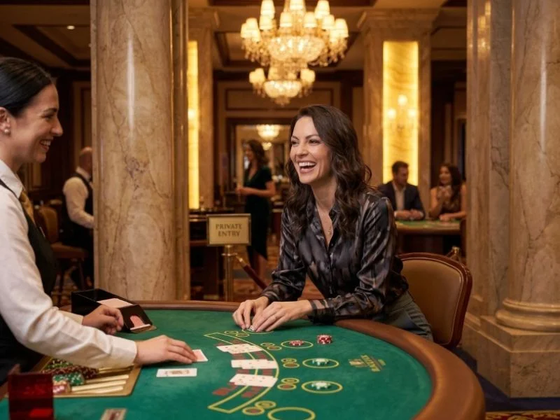 Happy casino guest admiring the elegant interior while enjoying online games GCash.
