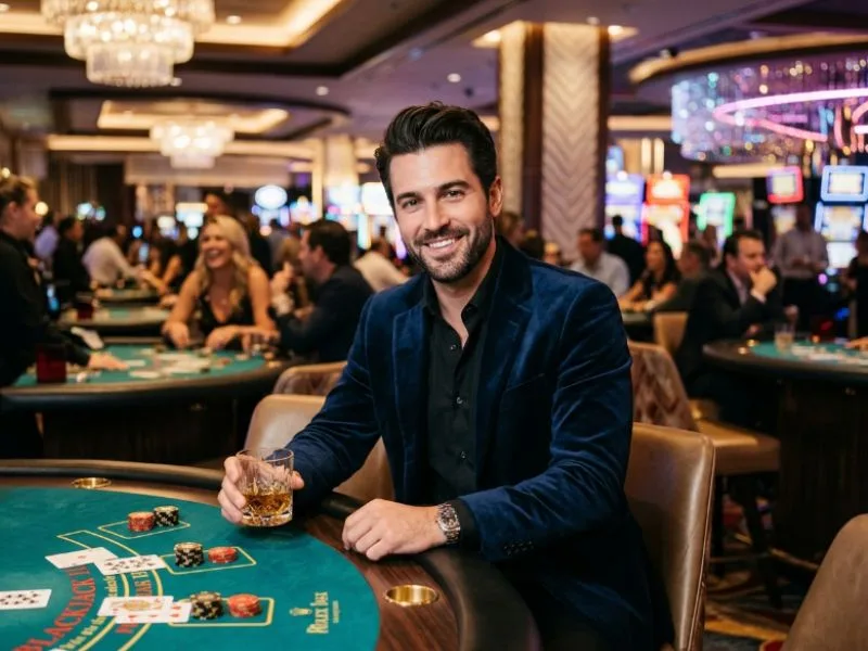 Smiling gaming enthusiast exploring a luxurious casino setting while enjoying online games GCash.