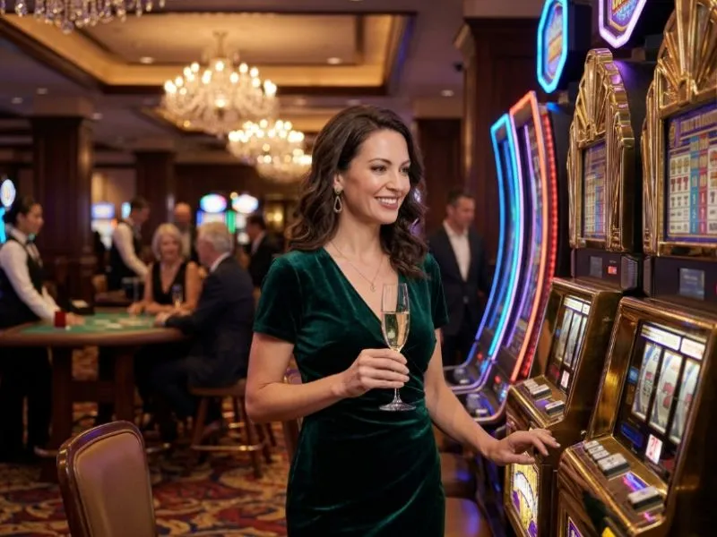 Cheerful casino guest enjoying the stylish ambiance of Perya Game GCash in a welcoming casino.