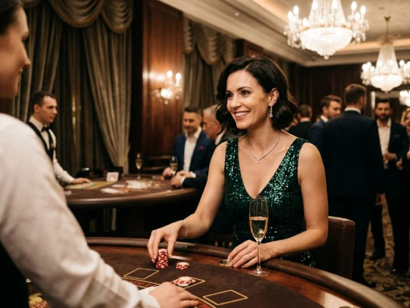Smiling casino guest enjoying Phoenix Game GCash in a sophisticated casino environment.
