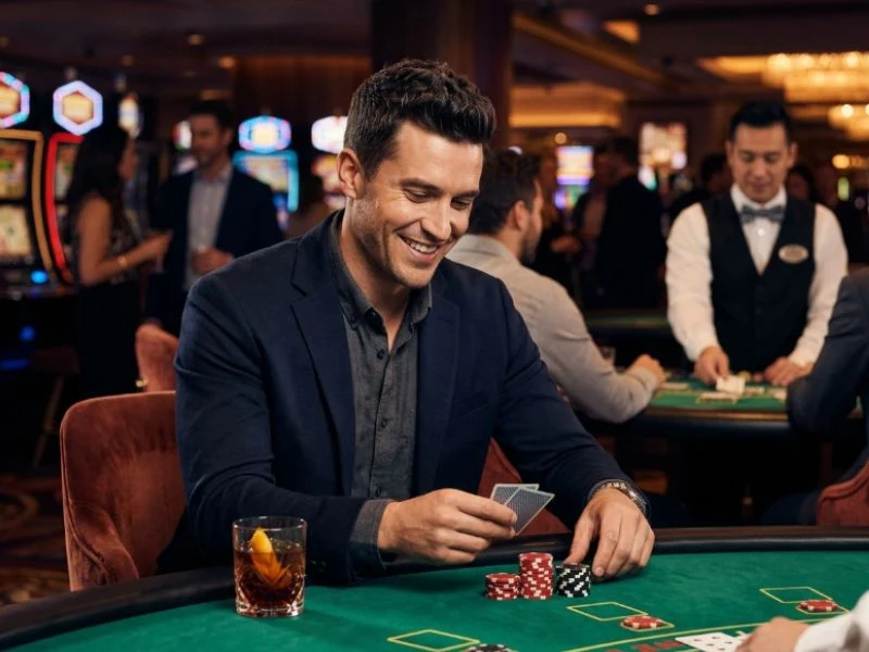 Confident man playing PAGCOR online casino GCash games at live tables