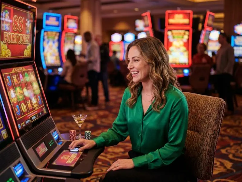 Stylish woman playing PAGCOR online casino GCash games with confidence
