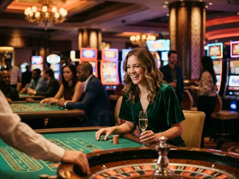 Smiling woman celebrating a casino win with a PAGCOR online gaming license