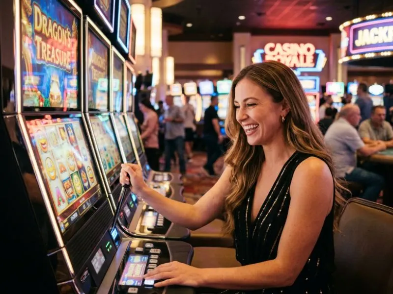 Woman celebrating a big slot machine win at an A88X online casino