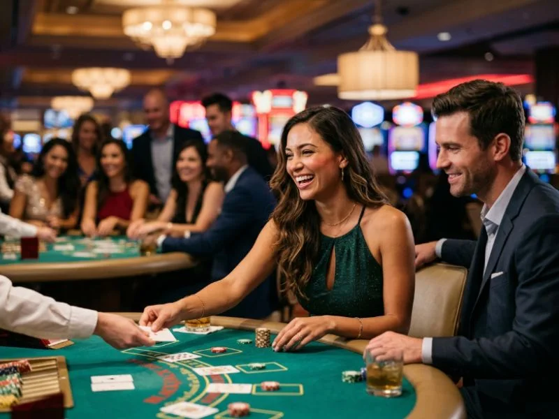 Woman cheering at a blackjack table at an A88X online casino