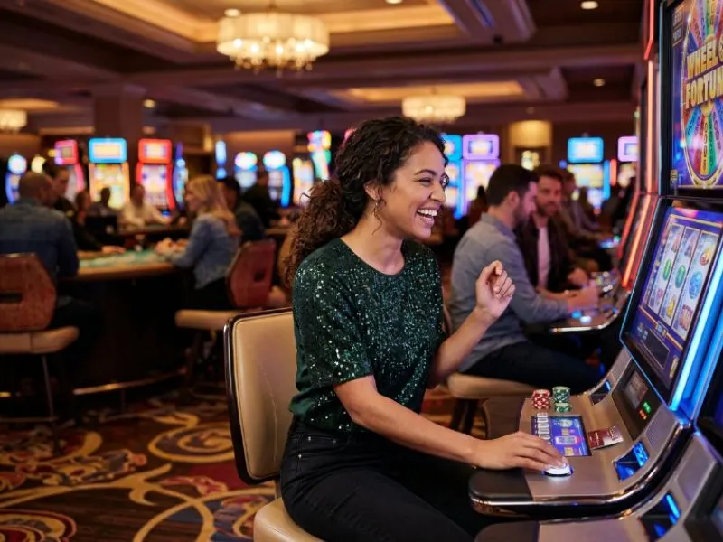 Woman celebrating at a slot machine at BMY888 online casino
