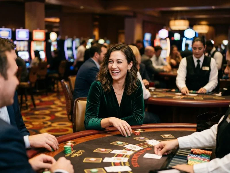 Woman sharing a laugh at a gaming table at BMY888 online casino