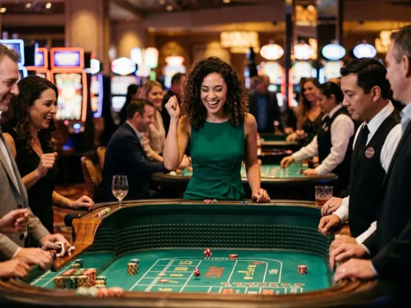 Confident woman laughing with friends at a casino table for DO888 online casino
