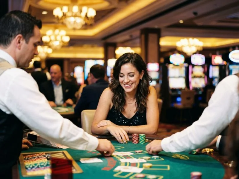 Woman watching the dealer at a DO888 online casino blackjack table