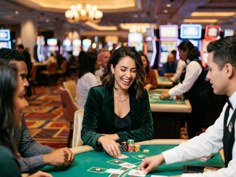 Woman holding winning cards at a DO888 online casino table