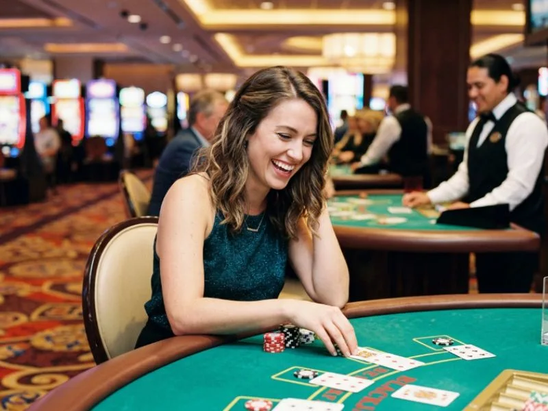 Woman playing blackjack confidently at DO888 online casino