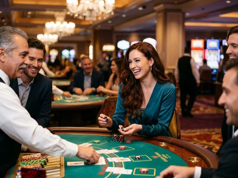 Woman celebrating with casino chips at FHM63 online casino login