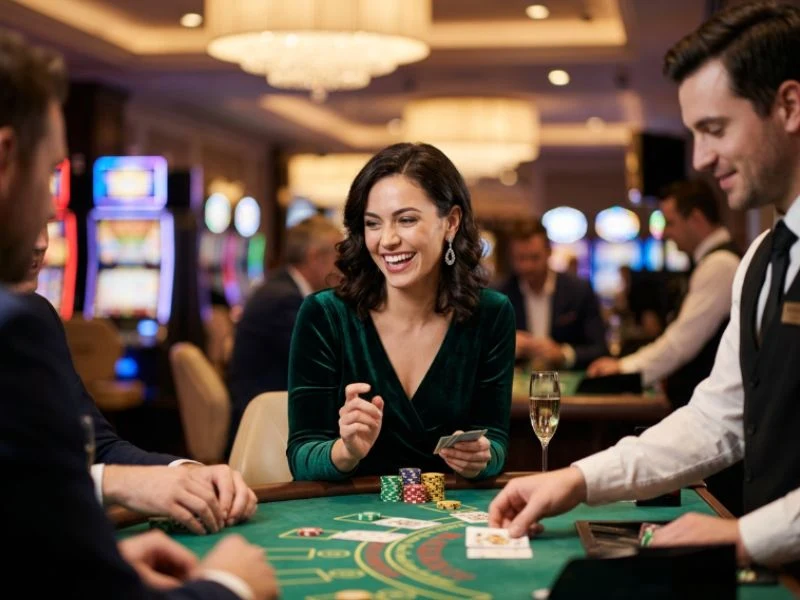 Woman playing blackjack under bright lights at FHM63 online casino