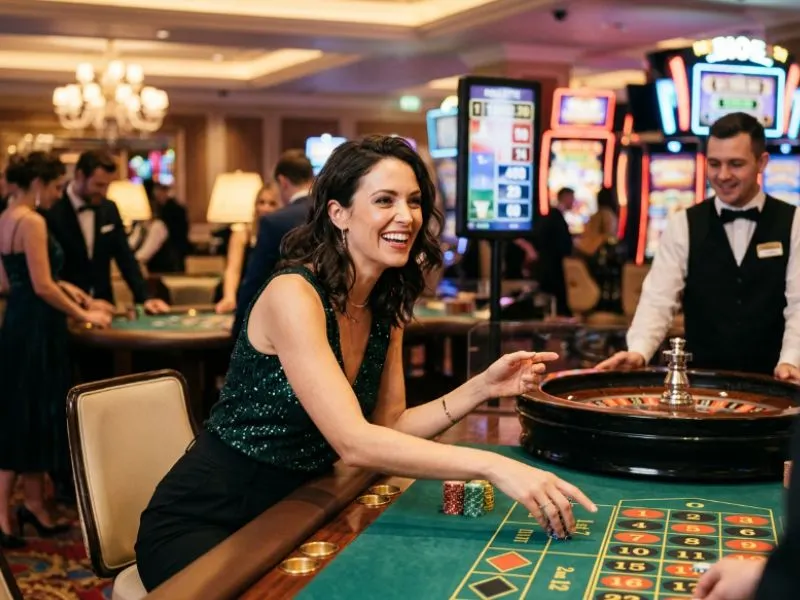 Woman celebrating with friends at a Jiliko slot online casino