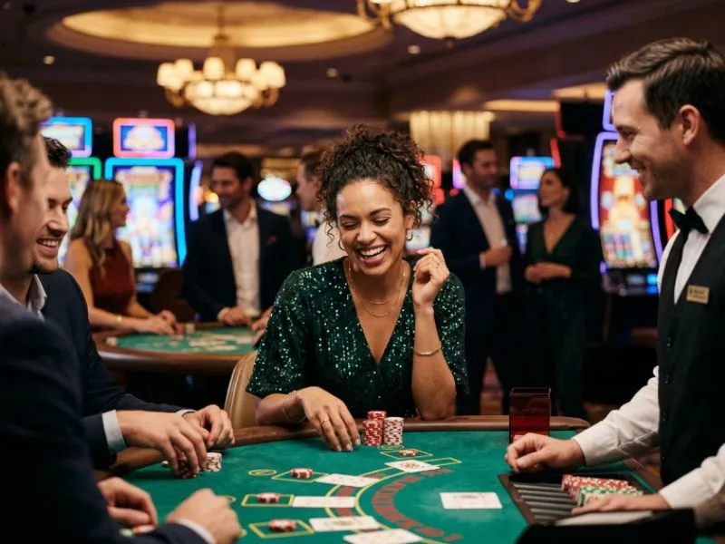 Happy woman collecting casino chips while playing lodi291 online casino games