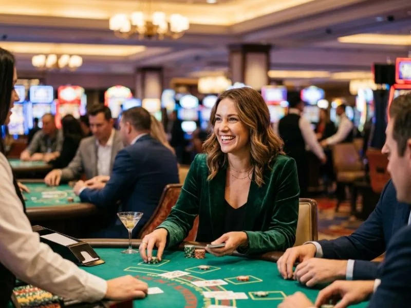 Woman celebrating a winning blackjack hand in lodi291 online casino games