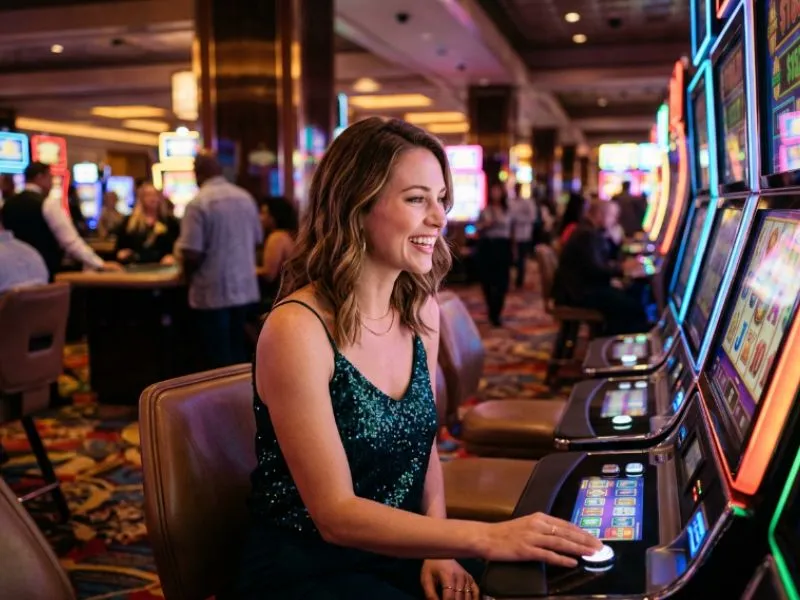 Woman enjoying lodi291 online casino games on a colorful slot machine