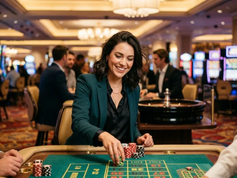 Woman surrounded by sparkling casino lights playing Lodi291 online casino games
