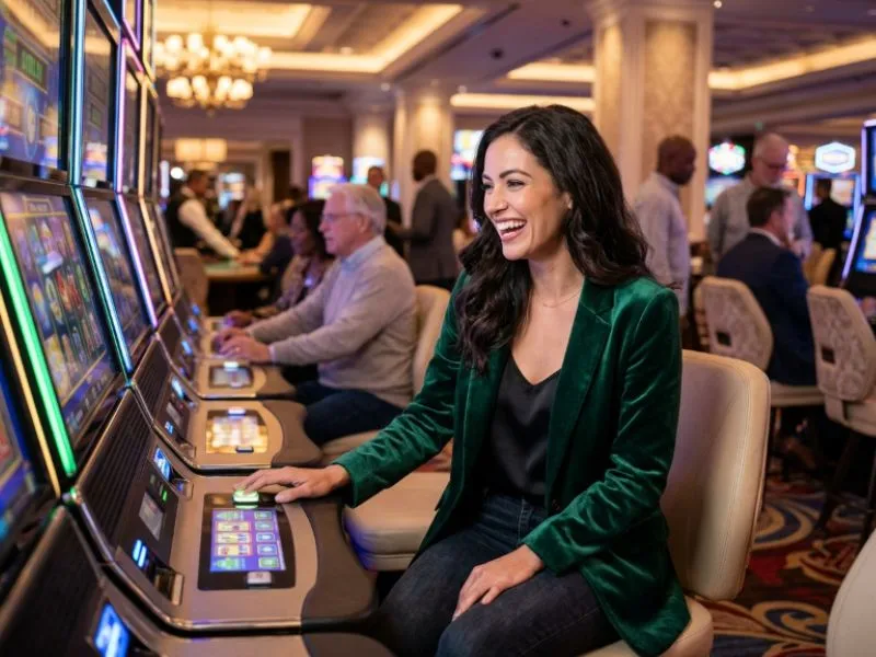 Woman enjoying bright casino slot machines at Lucky Calico online casino