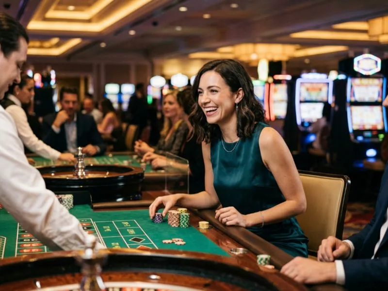 Woman enjoying the glamorous Lucky Calico online casino atmosphere