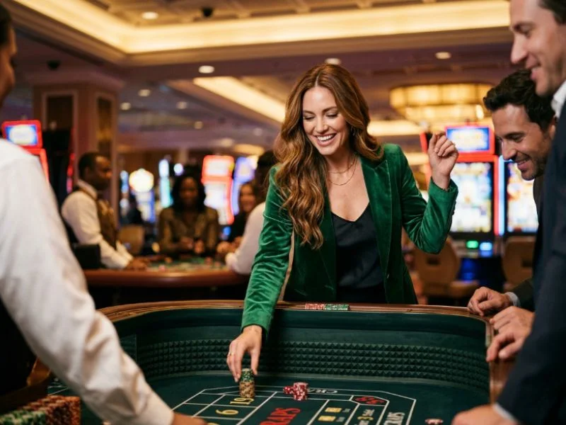 Woman smiling while holding casino chips for Lucky Calico online casino