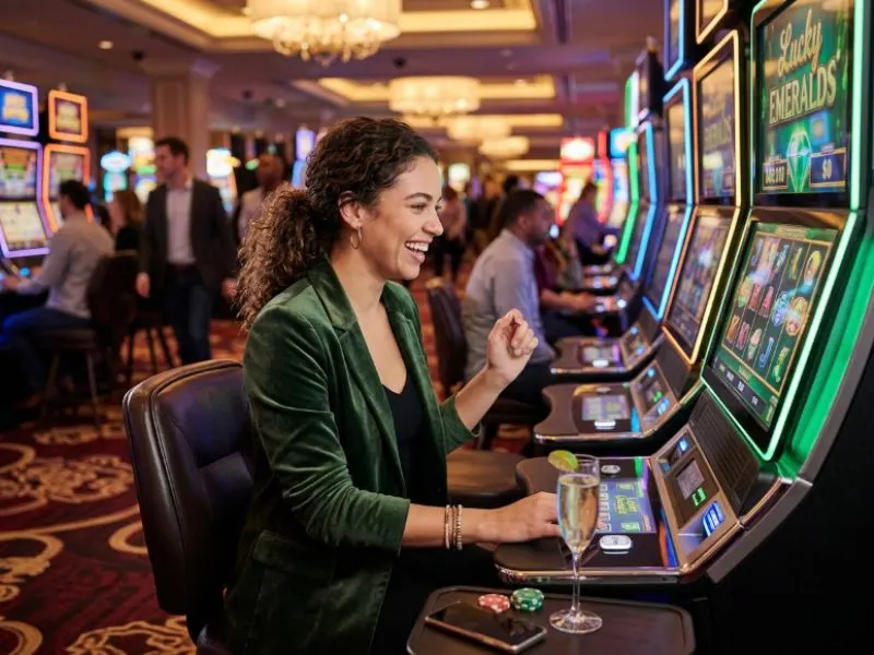 Woman enjoying bright casino slot machines at Lucky Horse online casino