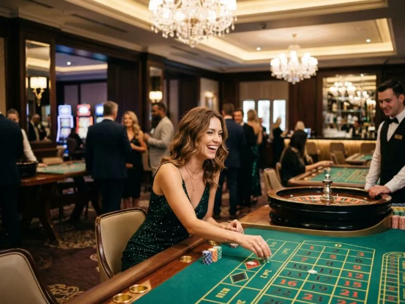 Woman sitting at a glamorous lucky horse online casino table