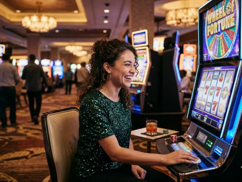 Woman spinning a slot machine reel at Lucky Horse Online Casino