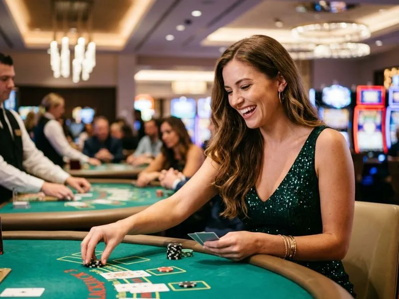 Woman smiling under glowing lights at Online Casino 247