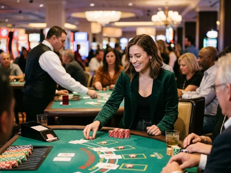 Woman smiling while placing casino chips at an online casino 247 table
