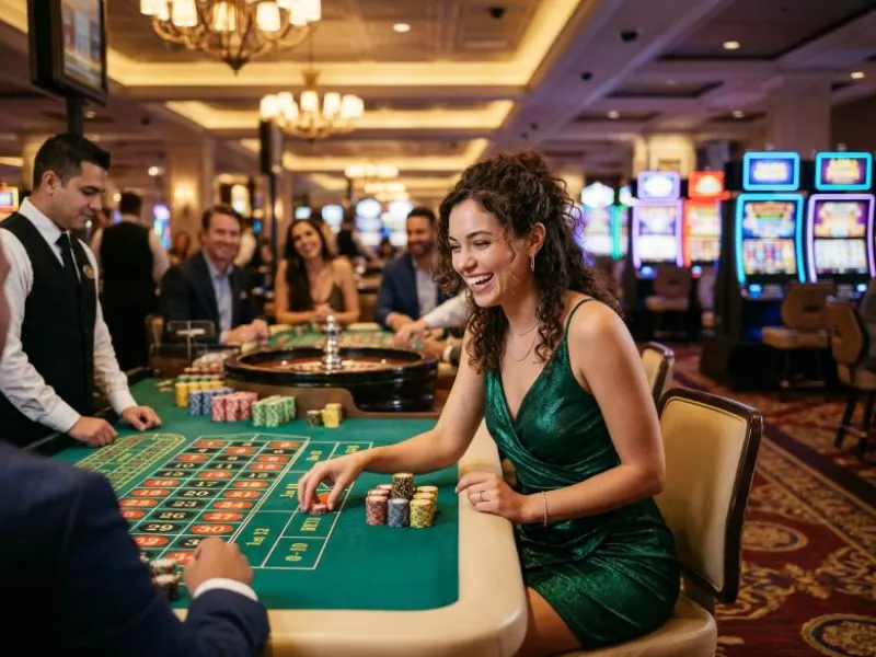 Happy woman collecting casino chips at a PHLove online casino