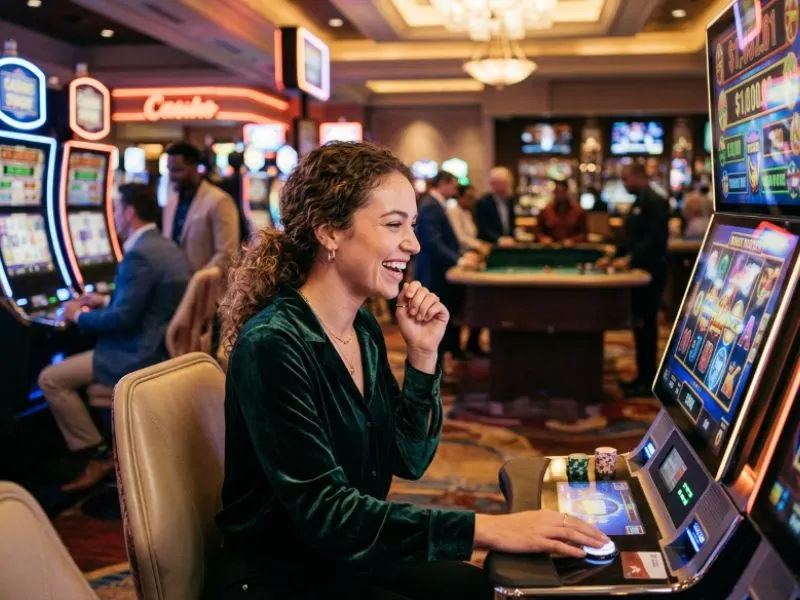 Woman enjoying a slot machine with colorful lights at a phlove online casino